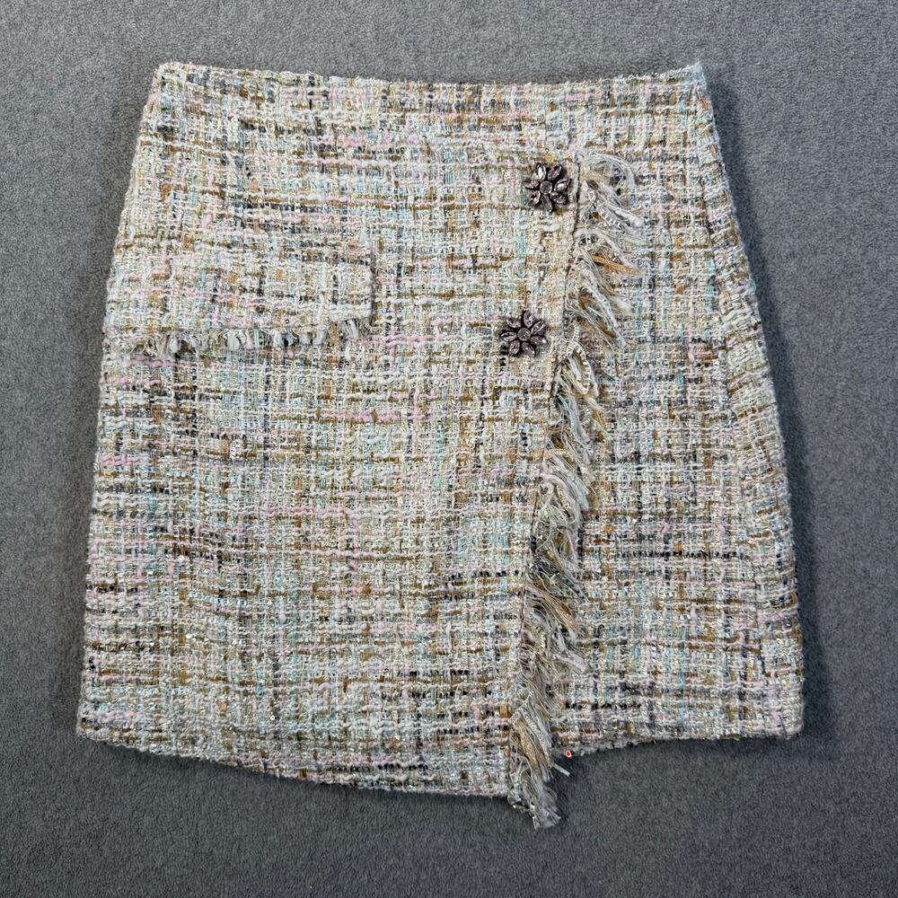 Zara Basic Women's Small Tweed Mini Skirt Fringe Wrap Hem Embellished Buttons